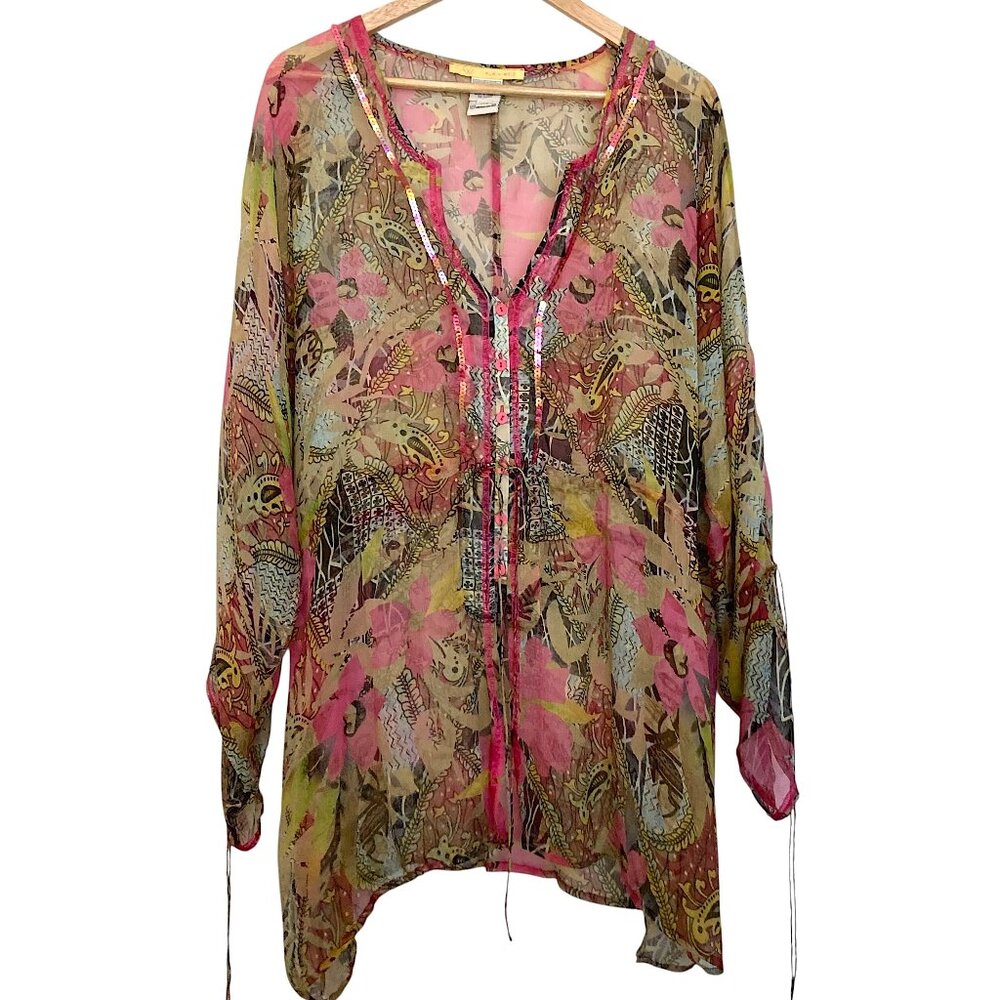 ALAIN WEIZ Silk Chiffon Floral Coverup V-Neck Sequins Drawstrings Beach Travel
